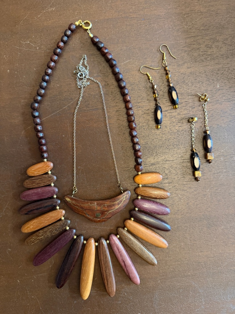 Vintage Bohemian Multicolor Wood Statement Necklaces and Earrings // pierced